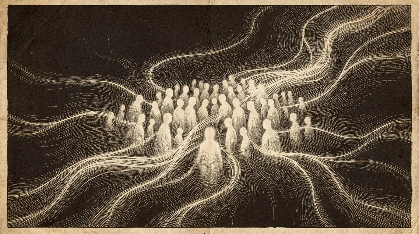 Gravure : des silhouettes pâles rassemblées au cœur du vide, traversé de longs courants d'énergie lumineux.