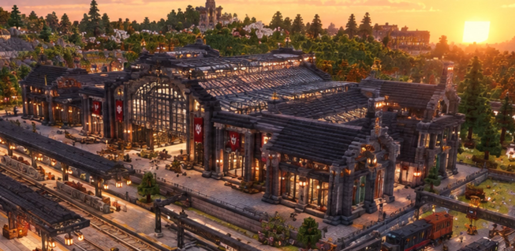 Vue d'artiste de la future gare centrale : grande halle vitrée, quais couverts et façades en pierre sombre au coucher du soleil.