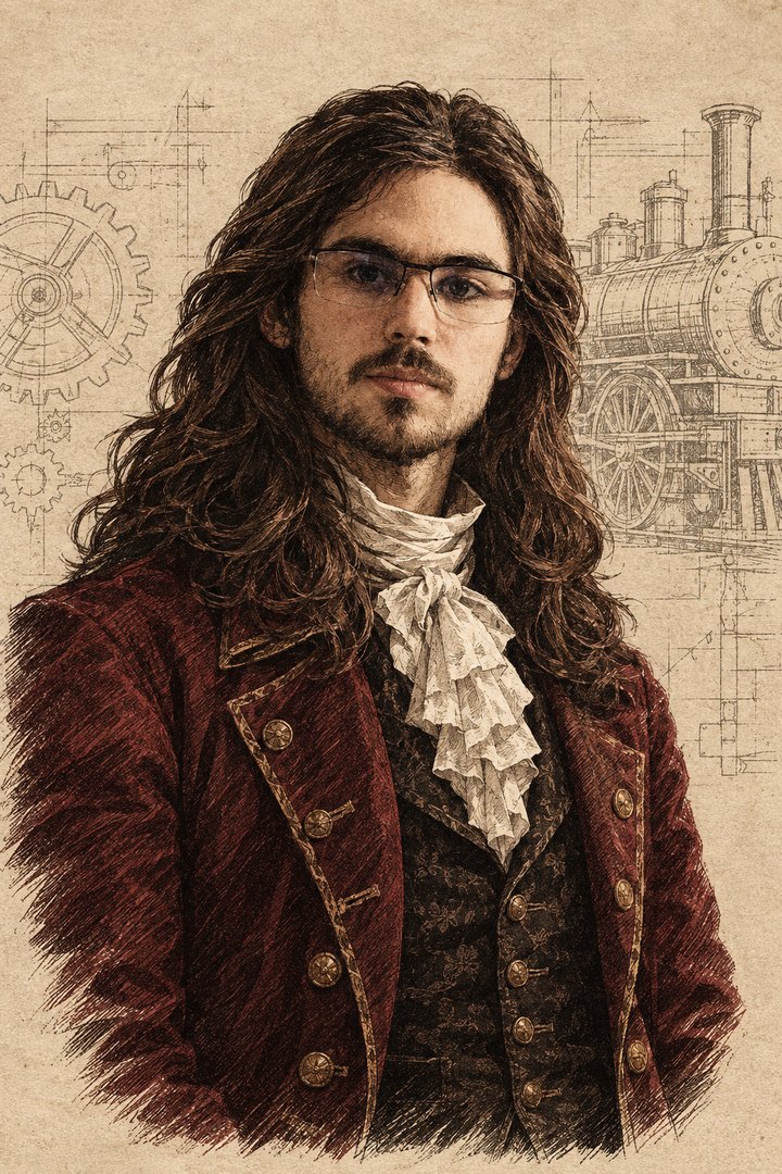 Portrait dessiné d'Ivan Novikov en redingote bordeaux et jabot, devant des plans d'engrenage et de locomotive.