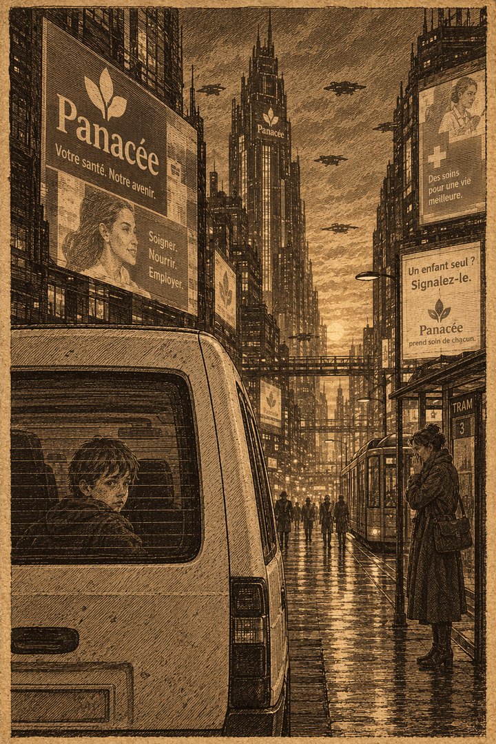 Gravure : un garçon regarde à travers la vitre arrière d'une camionnette blanche. Sur le trottoir mouillé, près d'un arrêt de tram, une femme porte la main à sa bouche. Partout, des affiches du Groupe Panacée.