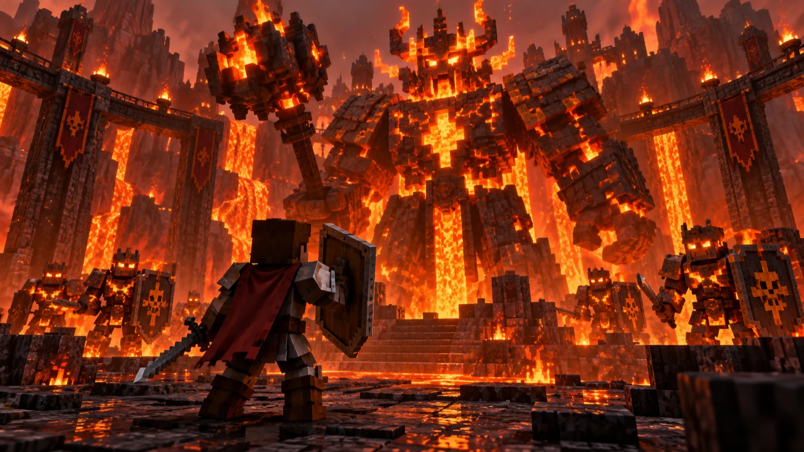Un boss de feu colossal fait de voxels ardents affronté par un aventurier dans une arène volcanique