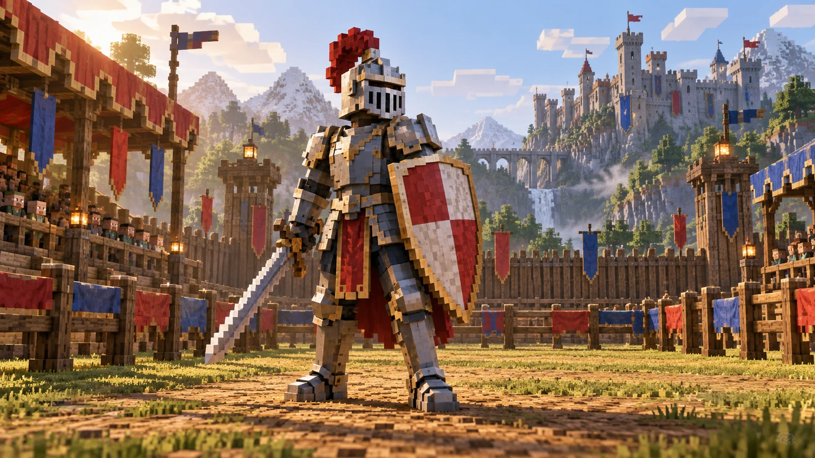 Un chevalier en armure de plates avec épée longue et écu sur un terrain de tournoi médiéval