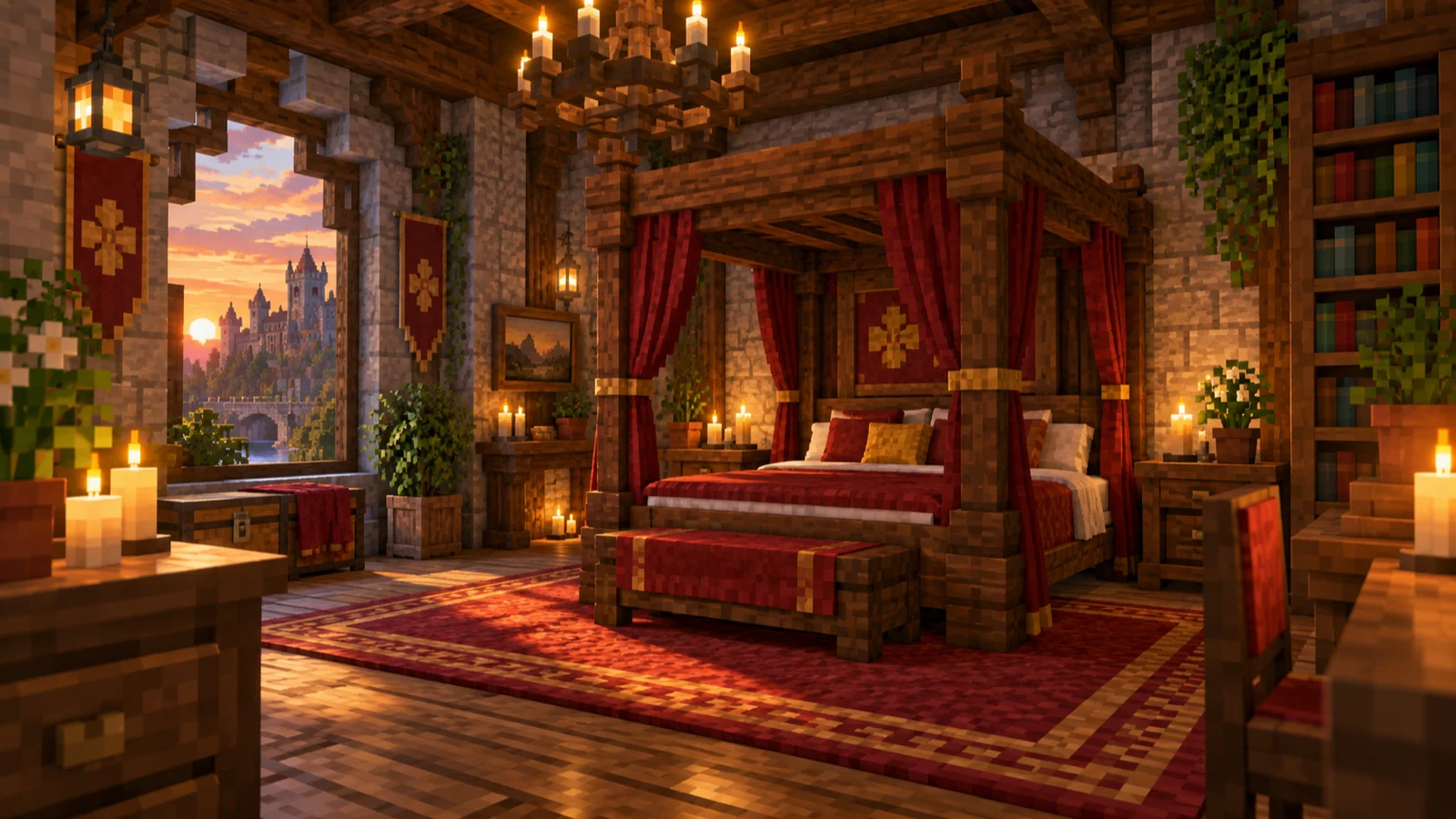 Une chambre médiévale meublée avec lit à baldaquin, coussins, tapis, bibliothèque et bougies