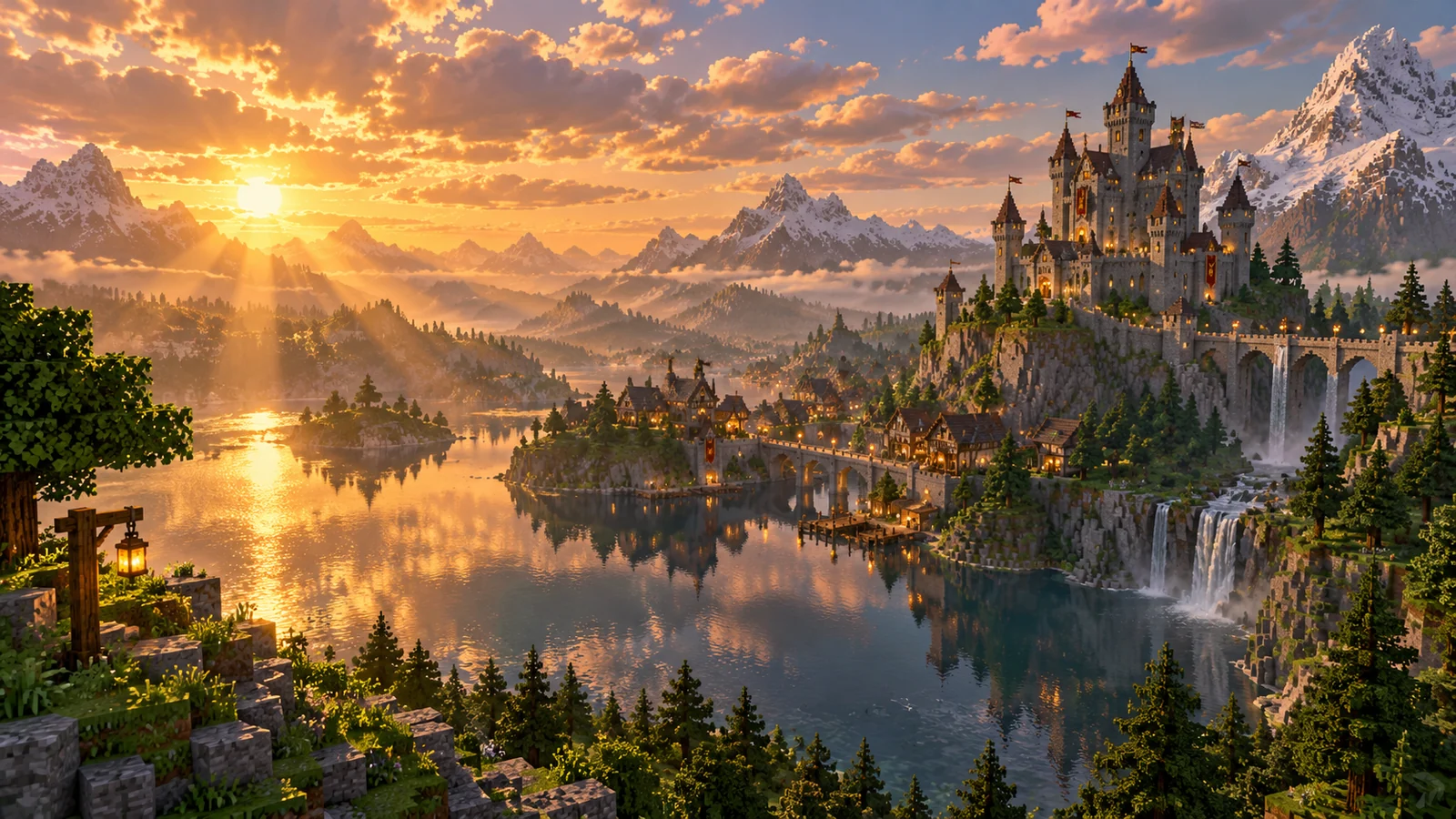 Un paysage sublimé par les shaders : rayons de lumière, lac miroir et montagnes jusqu'à l'horizon