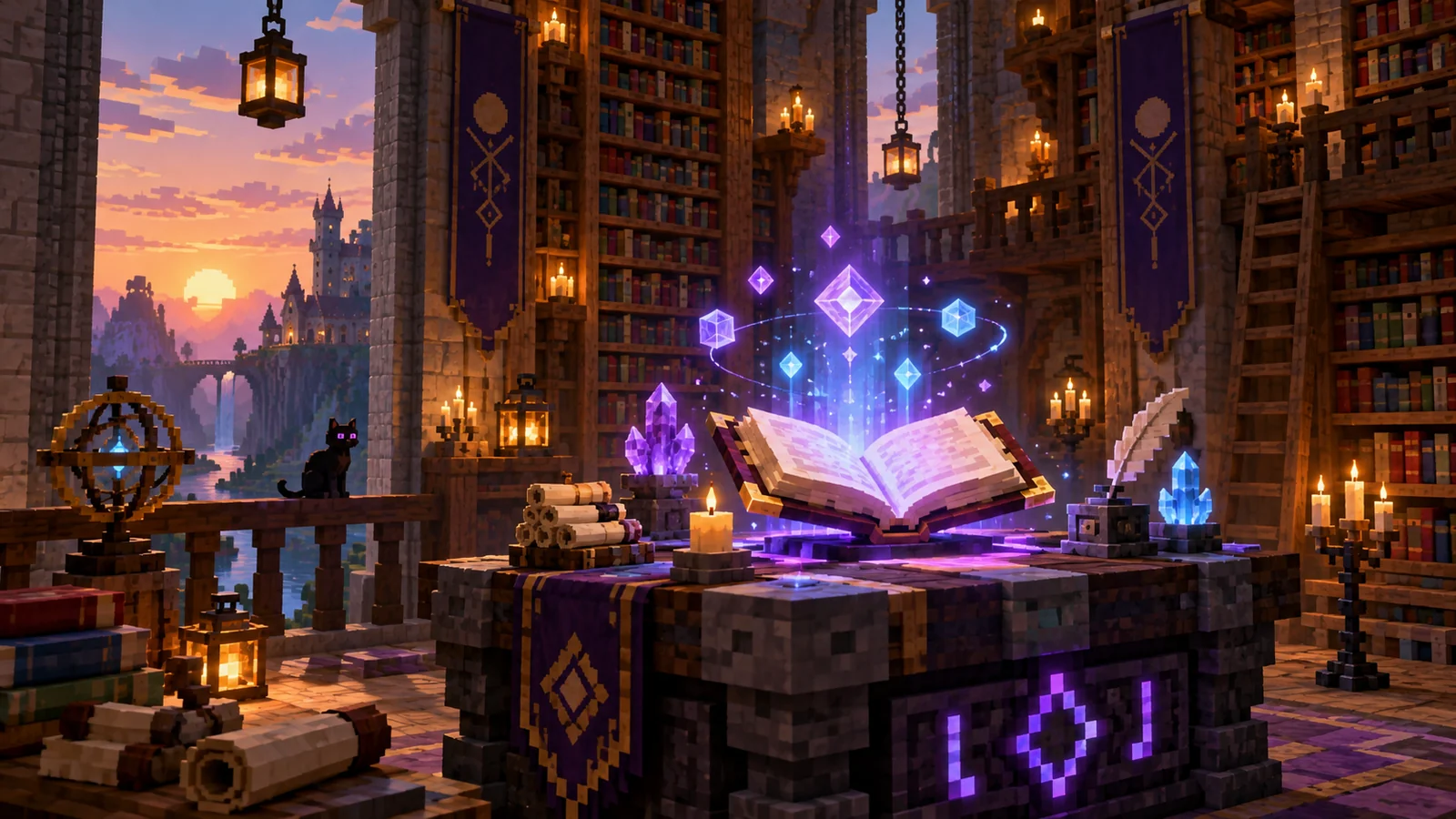 Une bibliothèque de mage avec table d'inscription lumineuse, grimoire ouvert et runes flottantes