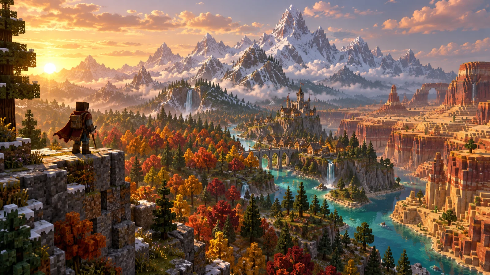 Un panorama de biomes sauvages : sommets enneigés, forêt d'automne, canyon et vallée turquoise