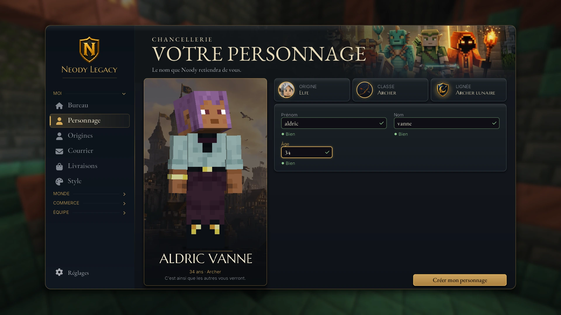 La fiche de personnage RP renseignée avant validation.