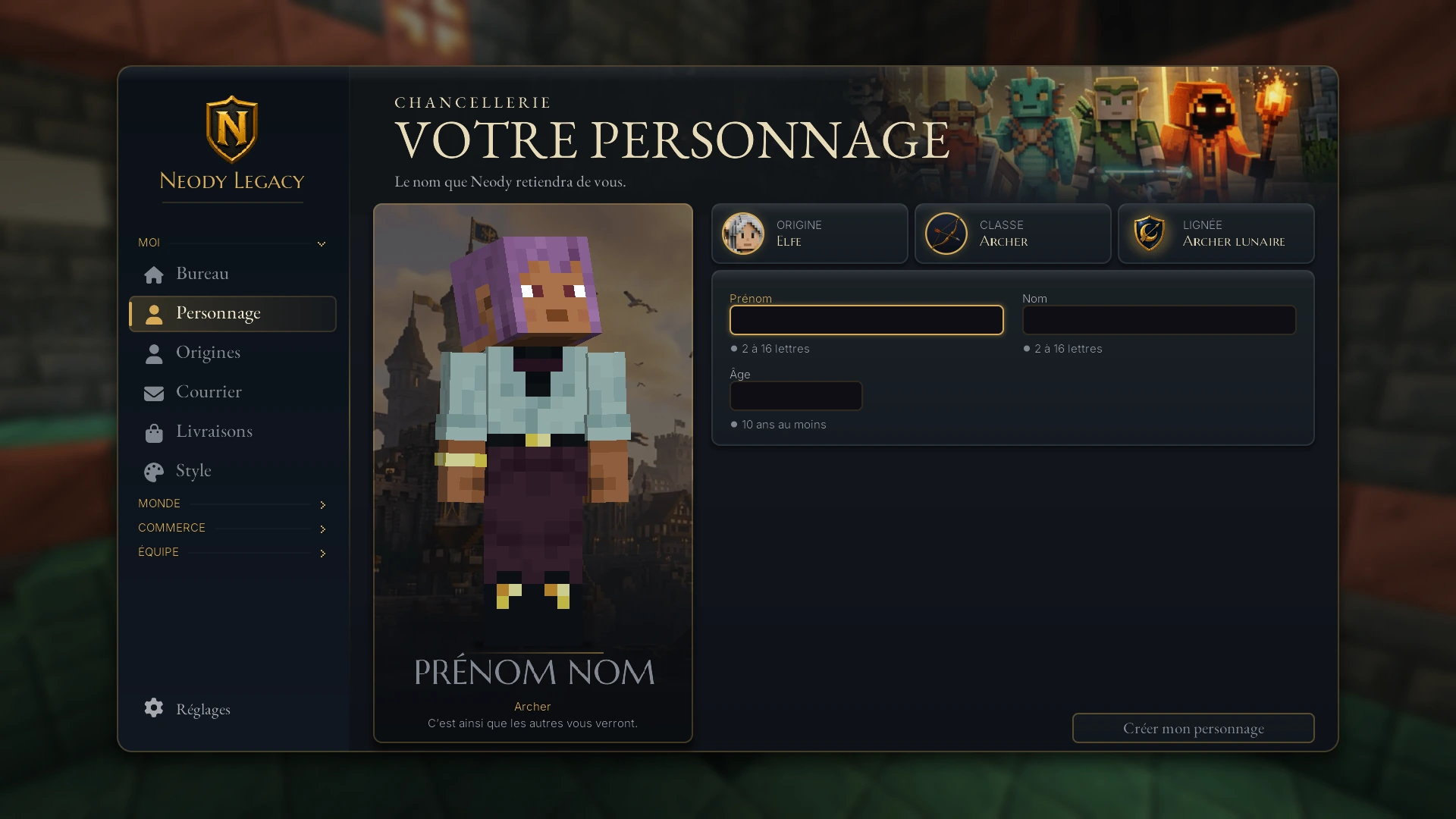 La création de la fiche de personnage RP : identité et âge.