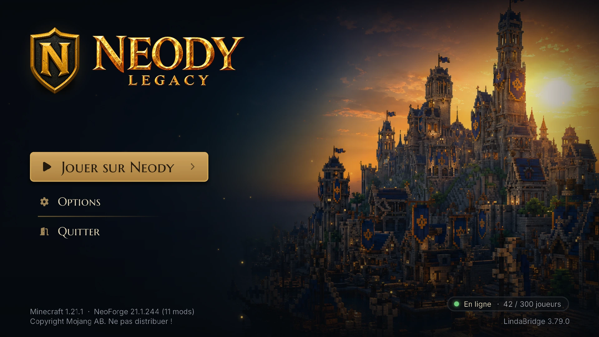 Écran titre Neody Legacy avec les boutons Jouer sur Neody, Options et Quitter devant la cité médiévale