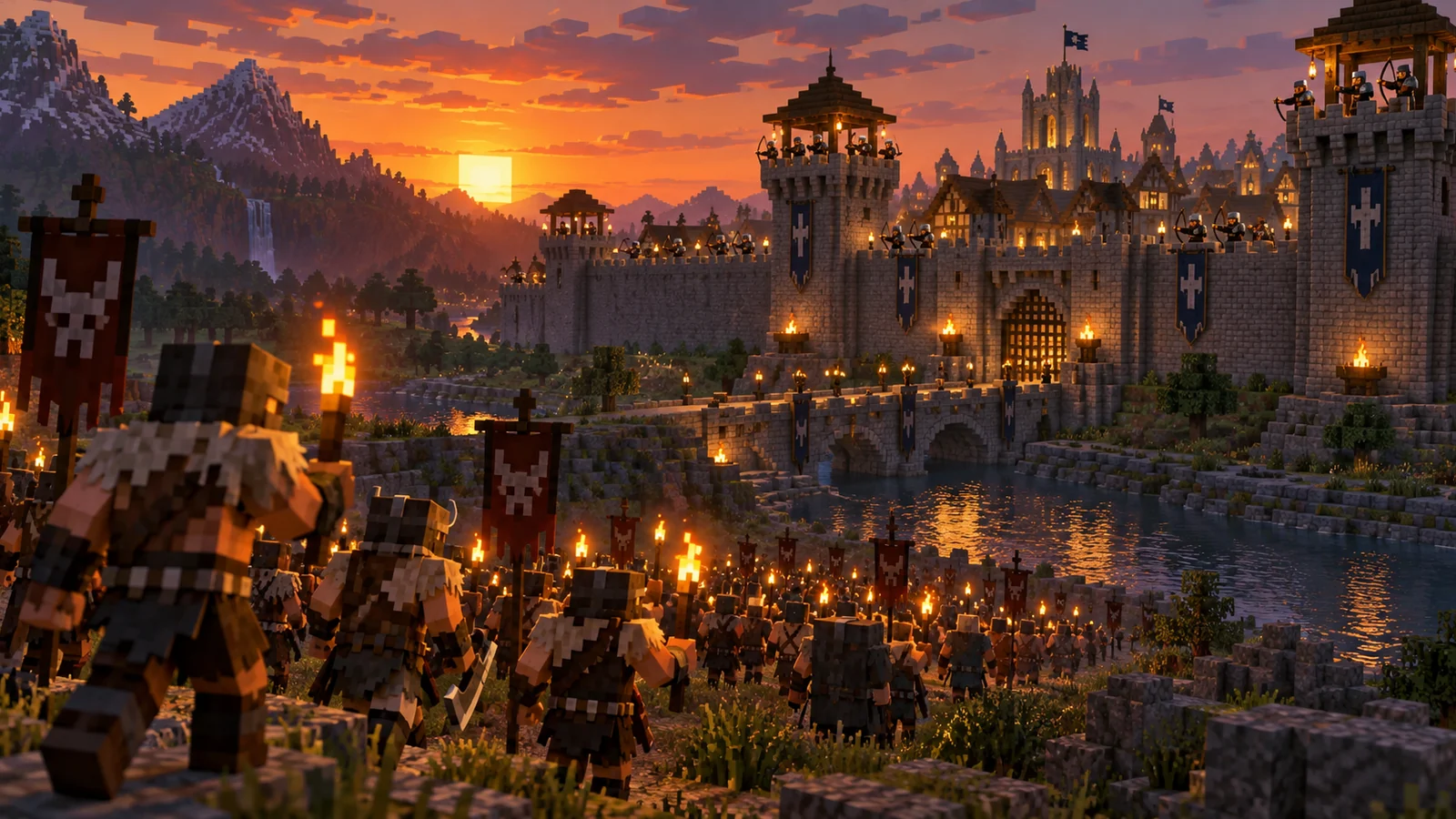 Des barbares porteurs de torches marchant au crépuscule vers une colonie fortifiée gardée par des archers