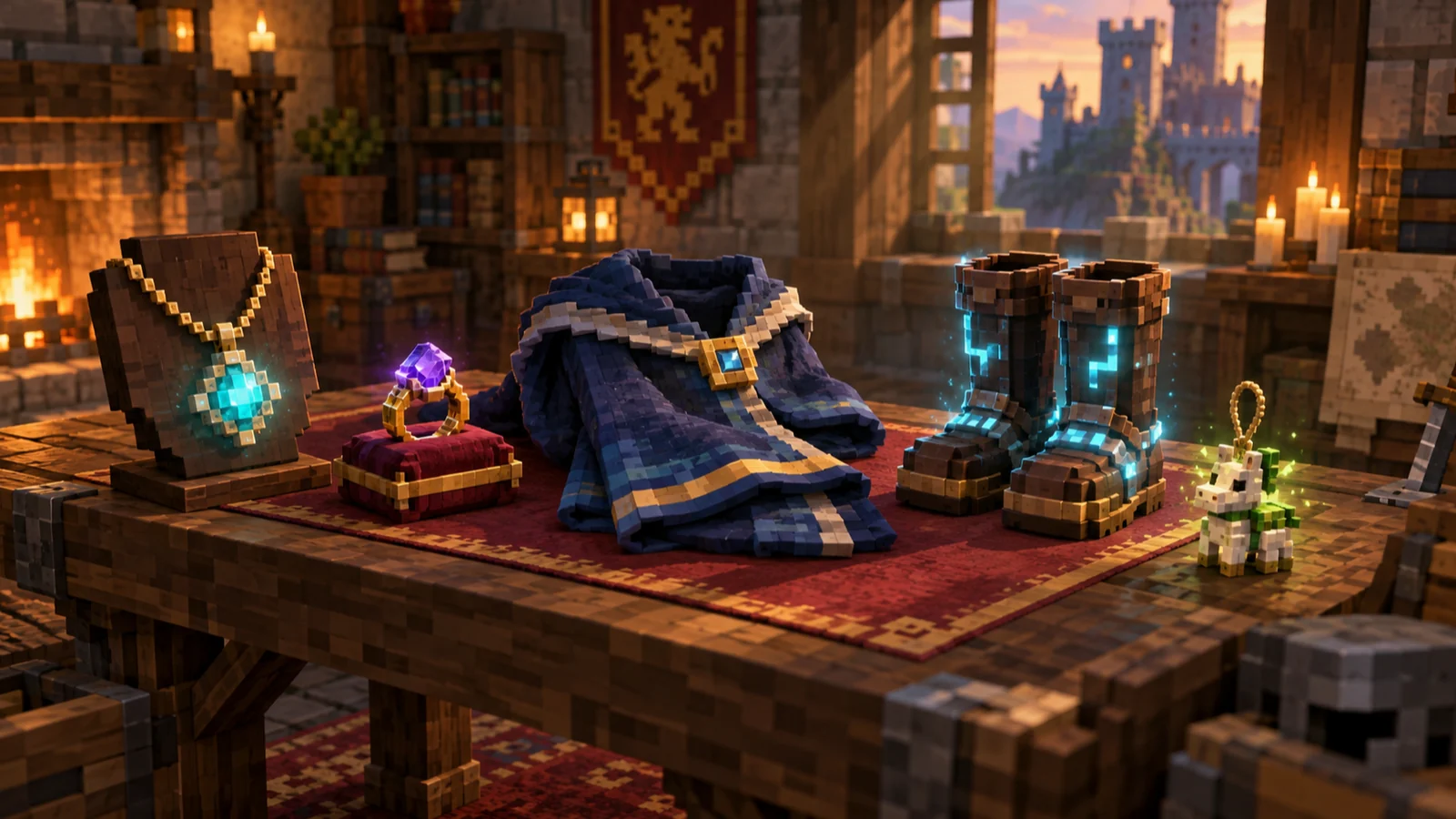 Une table d'aventurier garnie de reliques : amulette, anneau serti, cape, bottes enchantées et porte-bonheur