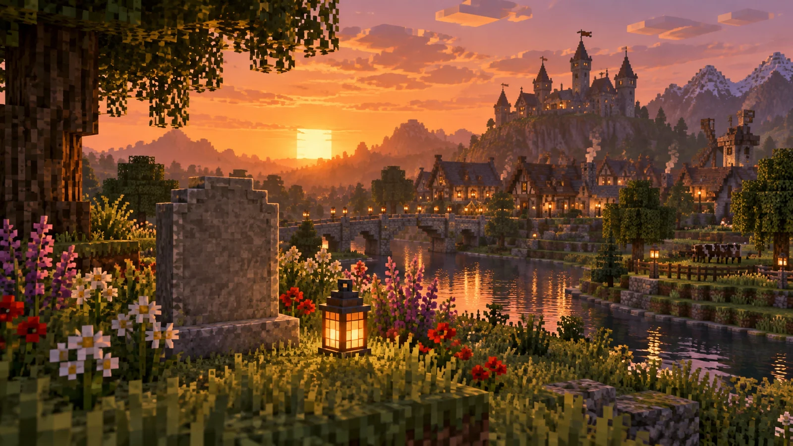 Une petite tombe de pierre dans une prairie fleurie au coucher du soleil, un village au loin